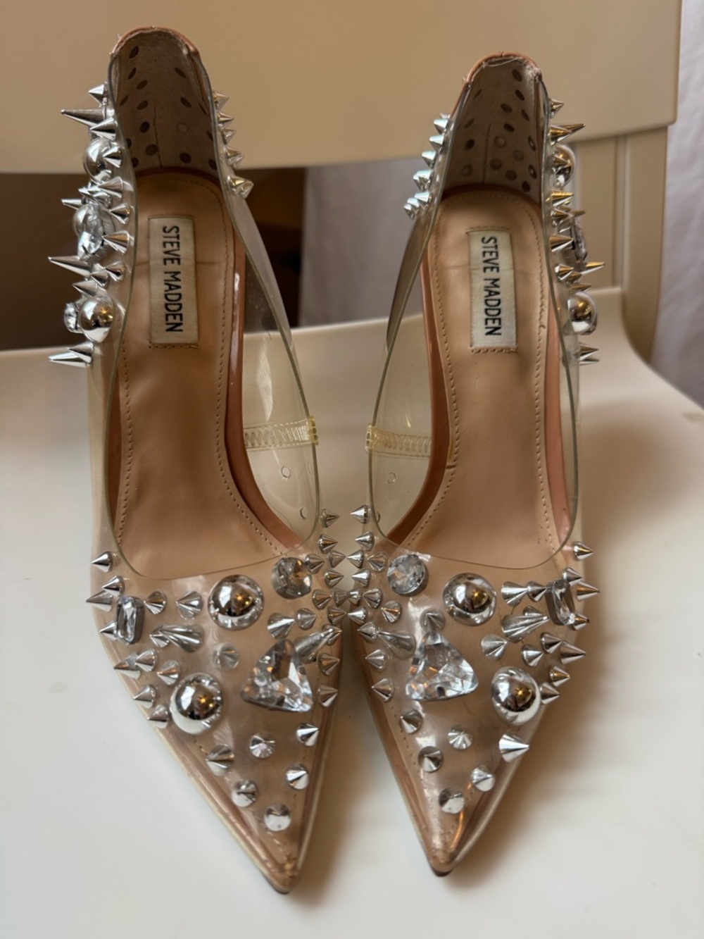 Steve Madden Studded Clear Heels Size 8.5 Statement Pumps - Picture 6 of 11